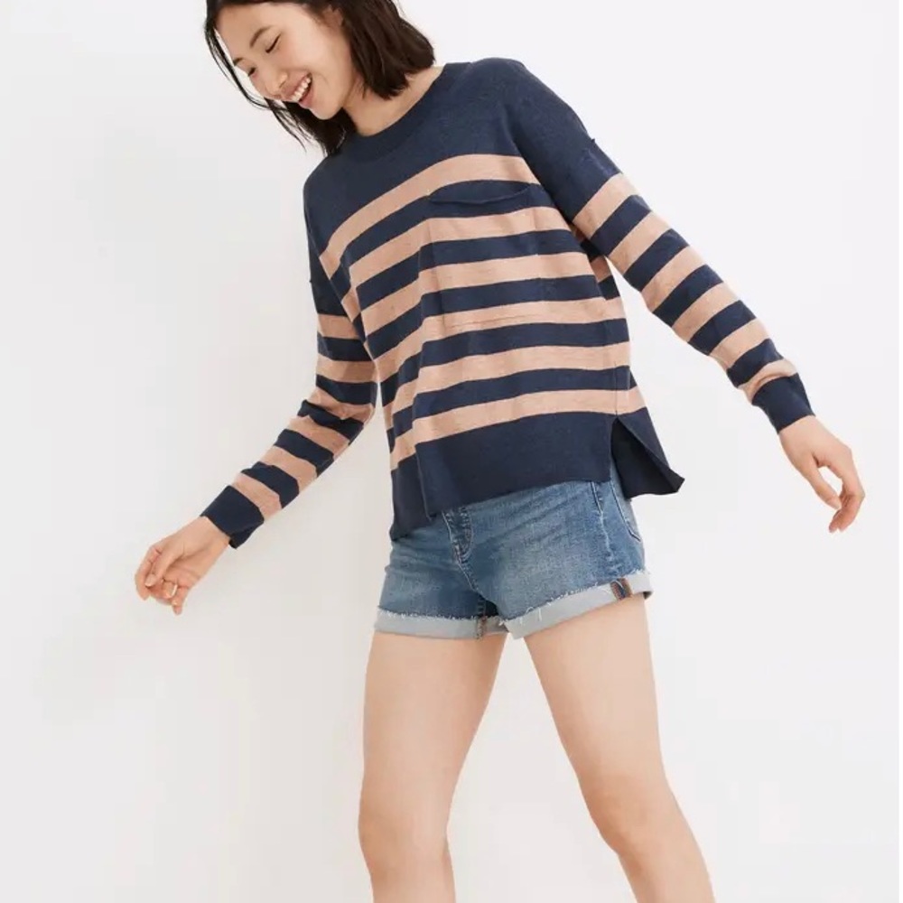 Madewell Lightweight Stripe Pocket Sweater Heather Indigo small cotton linen